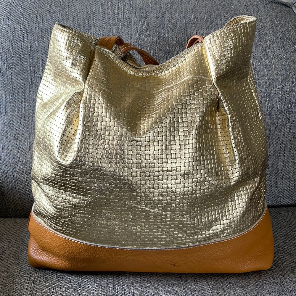 SOFIA C Orange/Gold Metallic Leather Hobo Handbag